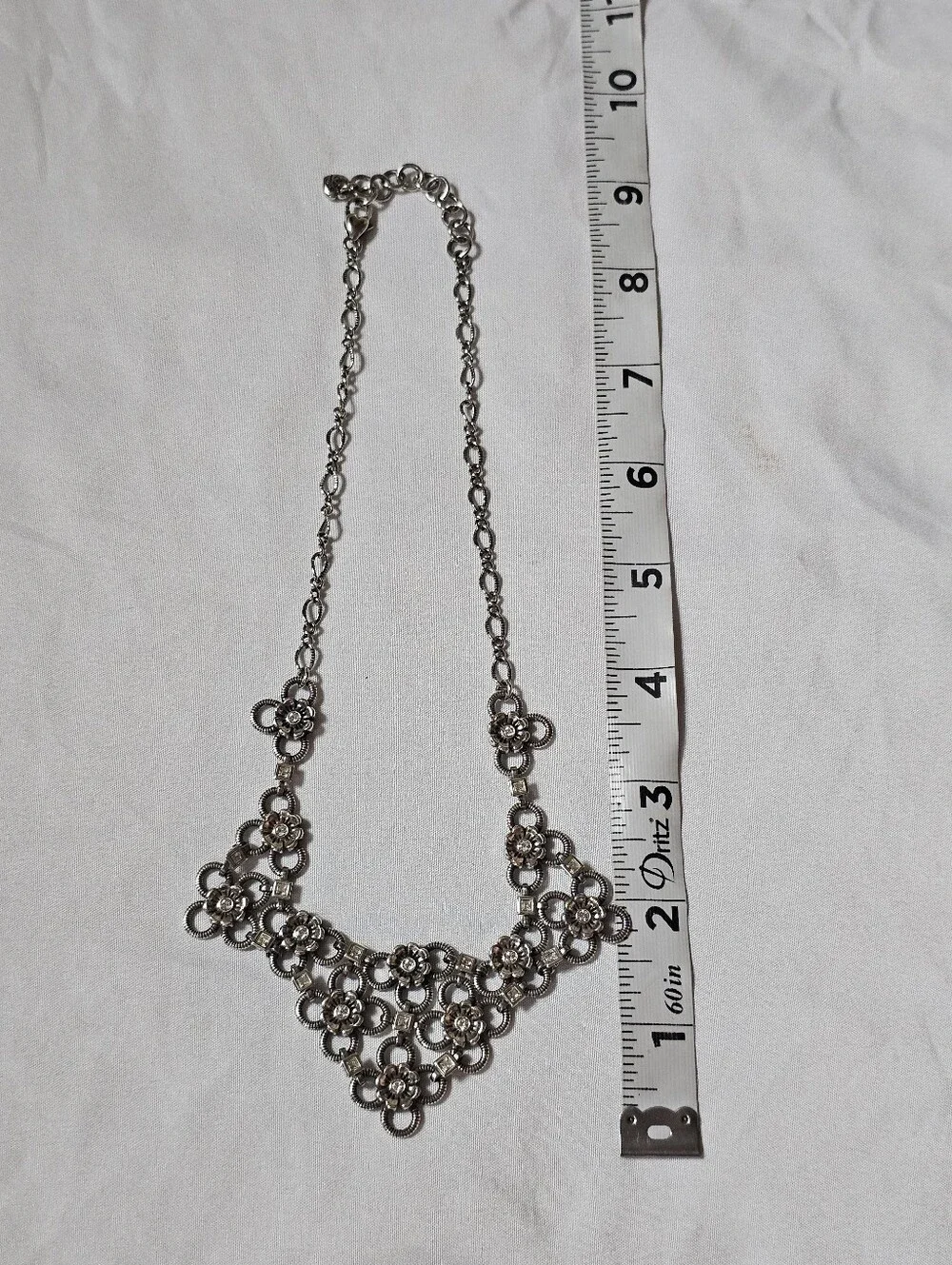 Brighton Joan of Arc Flower Crystal Bib Statement Necklace Silver Tone